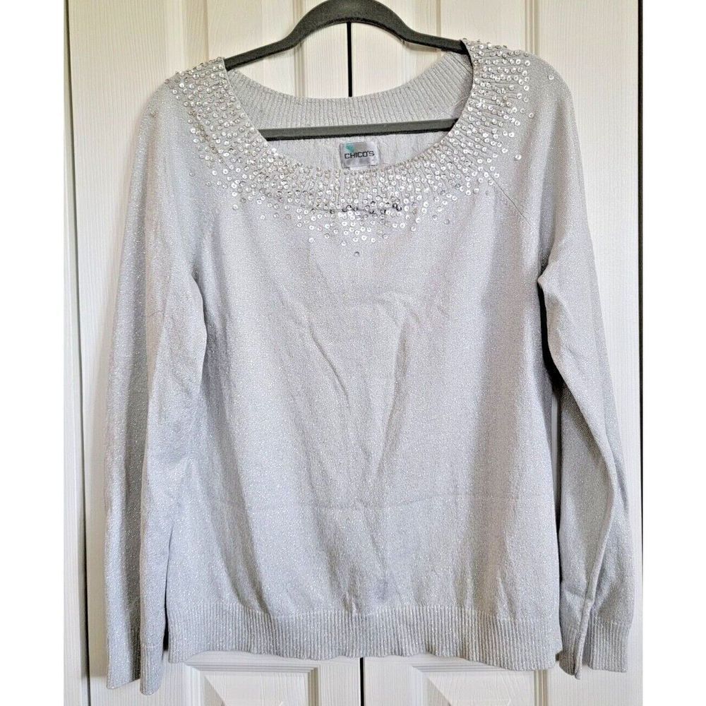 Chico's 2 Sweater Silver Pullover Lightweight‎ Metallic Beaded Stretch Long Slv